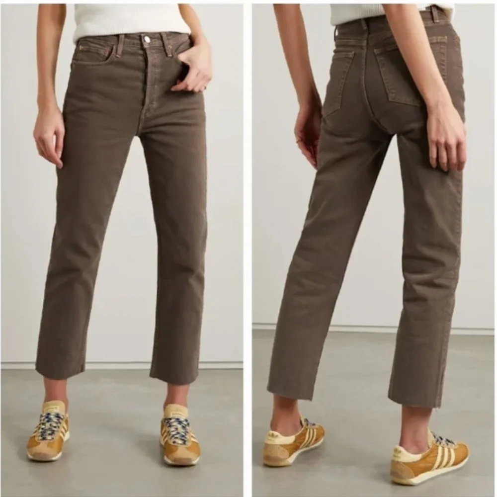 Re/Done 70s Ultra High Rise Stove Pipe Jean 27 Washed Chocolate Brown Raw Hem